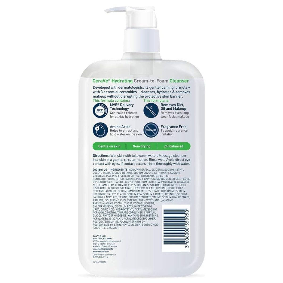 CeraVe Hydrating Cream-to-Foam Cleanser, Hydrating Makeup Remover, 19 Fluid Ounce (562 ml)